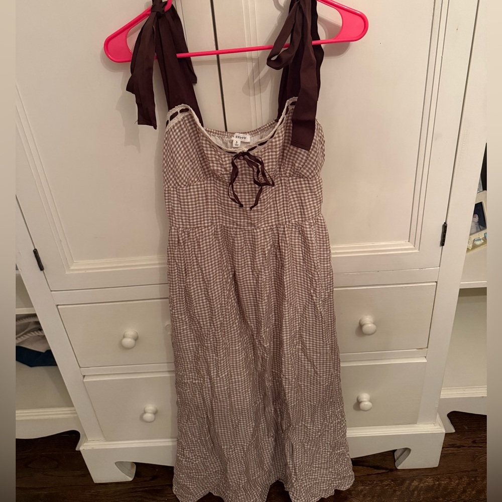 Brown Gingham Dress with Ribbon Straps